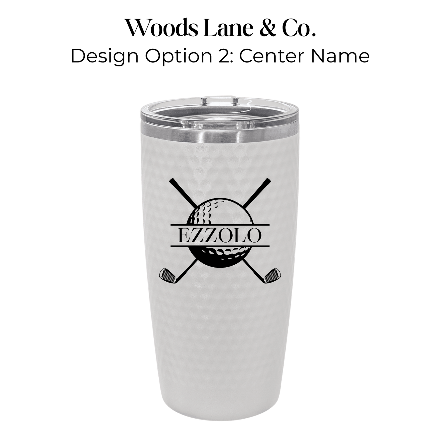 A white textured travel tumbler with a clear lid, featuring a black golf-themed graphic with crossed clubs, a golf ball, and the name 'EZZOLO'. Text at the top reads 'Woods Lane & Co.