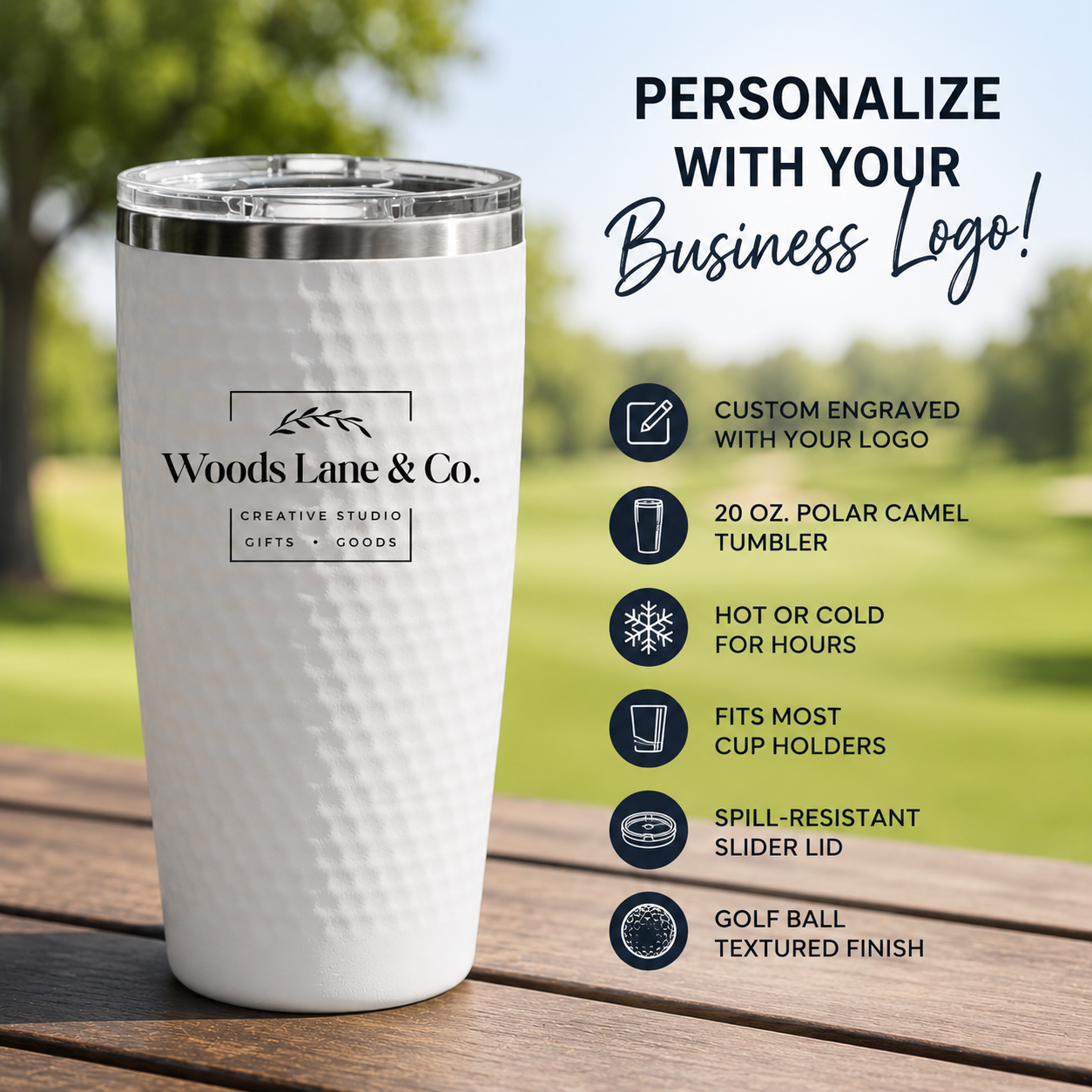 A white textured insulated tumbler with a clear lid sits on a wooden table outdoors, with promotional text on the right reading 'Personalize with your Business Logo!' and feature callouts for a 20 oz. polar camel tumbler, hot or cold use, cup holder fit, spill-resistant lid, and golf ball textured finish.