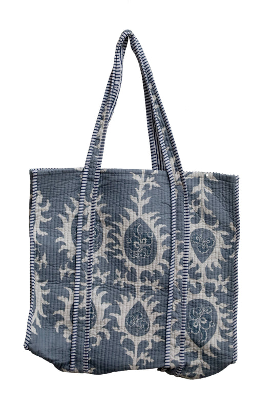 Gray Cotton Tote Bag-Hand Block Printed