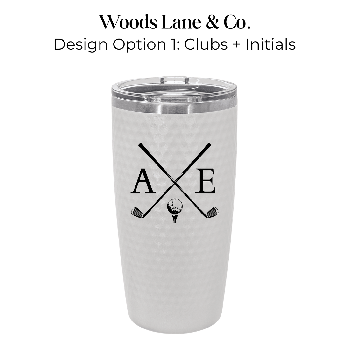 A white textured insulated tumbler with a clear lid, featuring a black crossed golf clubs and golf ball graphic with the initials 'A' and 'E'. Text above reads 'Woods Lane & Co.