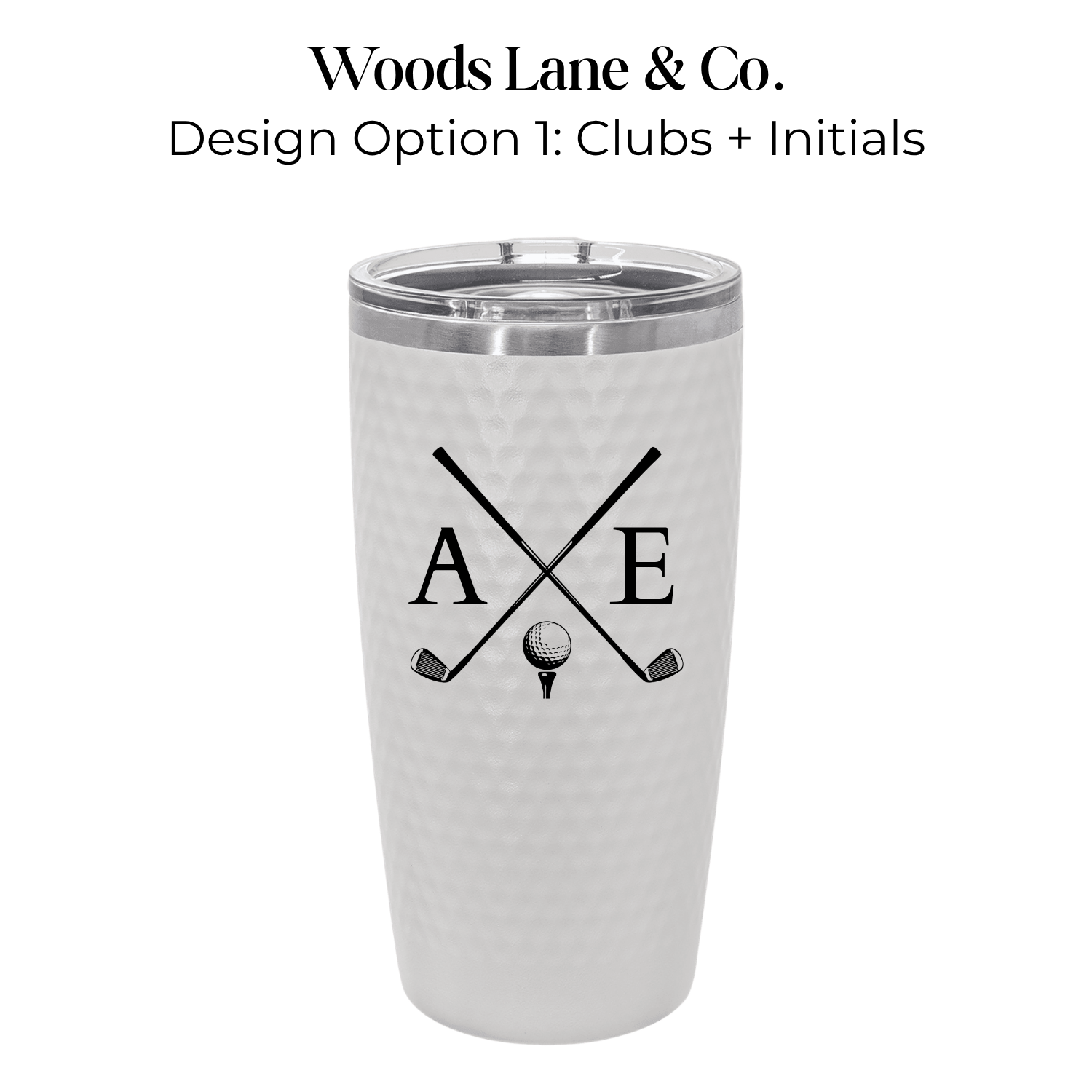 A white textured insulated tumbler with a clear lid, featuring a black crossed golf clubs and golf ball graphic with the initials 'A' and 'E'. Text above reads 'Woods Lane & Co.