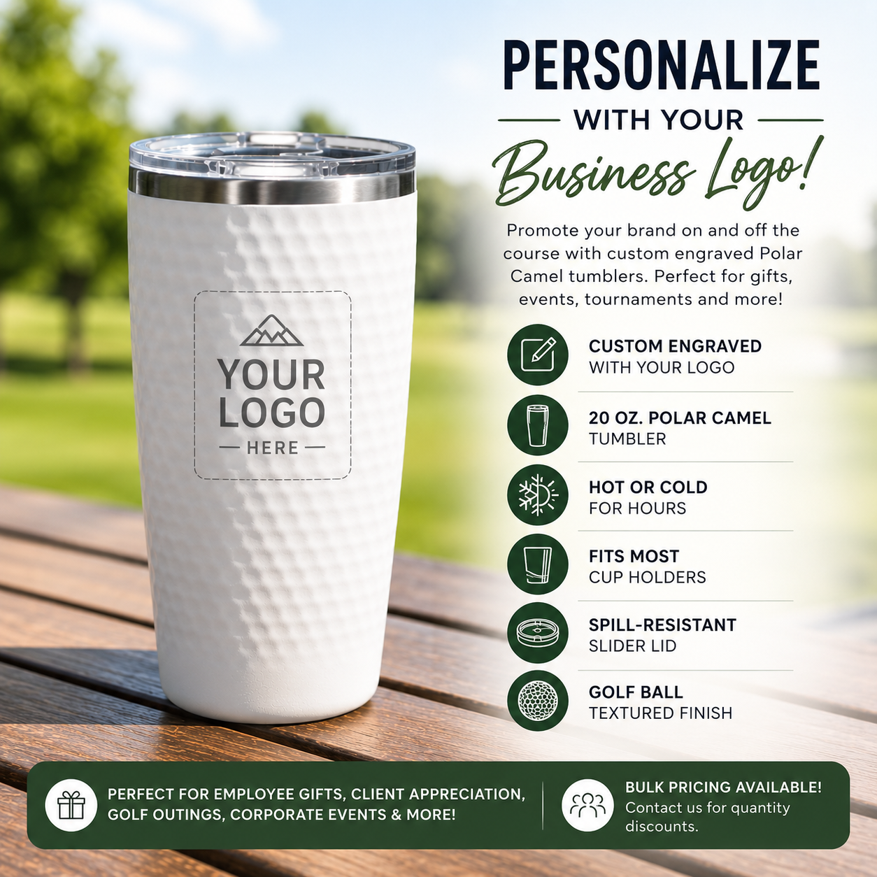A white textured insulated tumbler with a clear lid sits on a wooden table outdoors, with promotional text on the right offering customization with a business logo. The tumbler has a placeholder logo area reading 'YOUR LOGO HERE'.