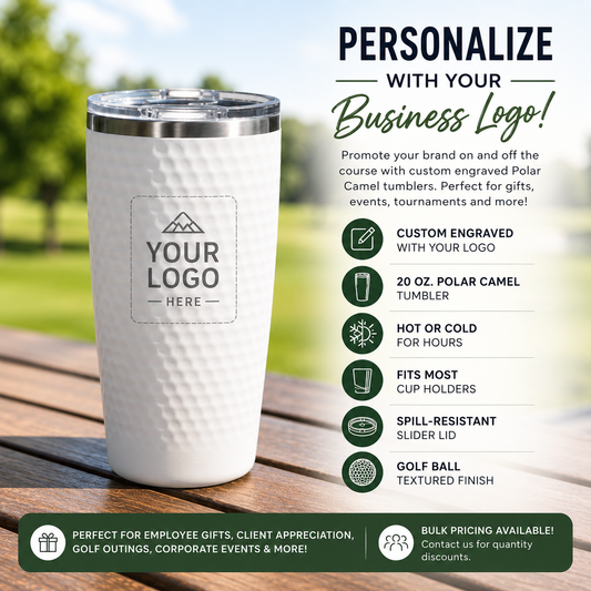 A white textured insulated tumbler with a clear lid sits on a wooden table outdoors, with promotional text on the right offering customization with a business logo. The tumbler has a placeholder logo area reading 'YOUR LOGO HERE'.