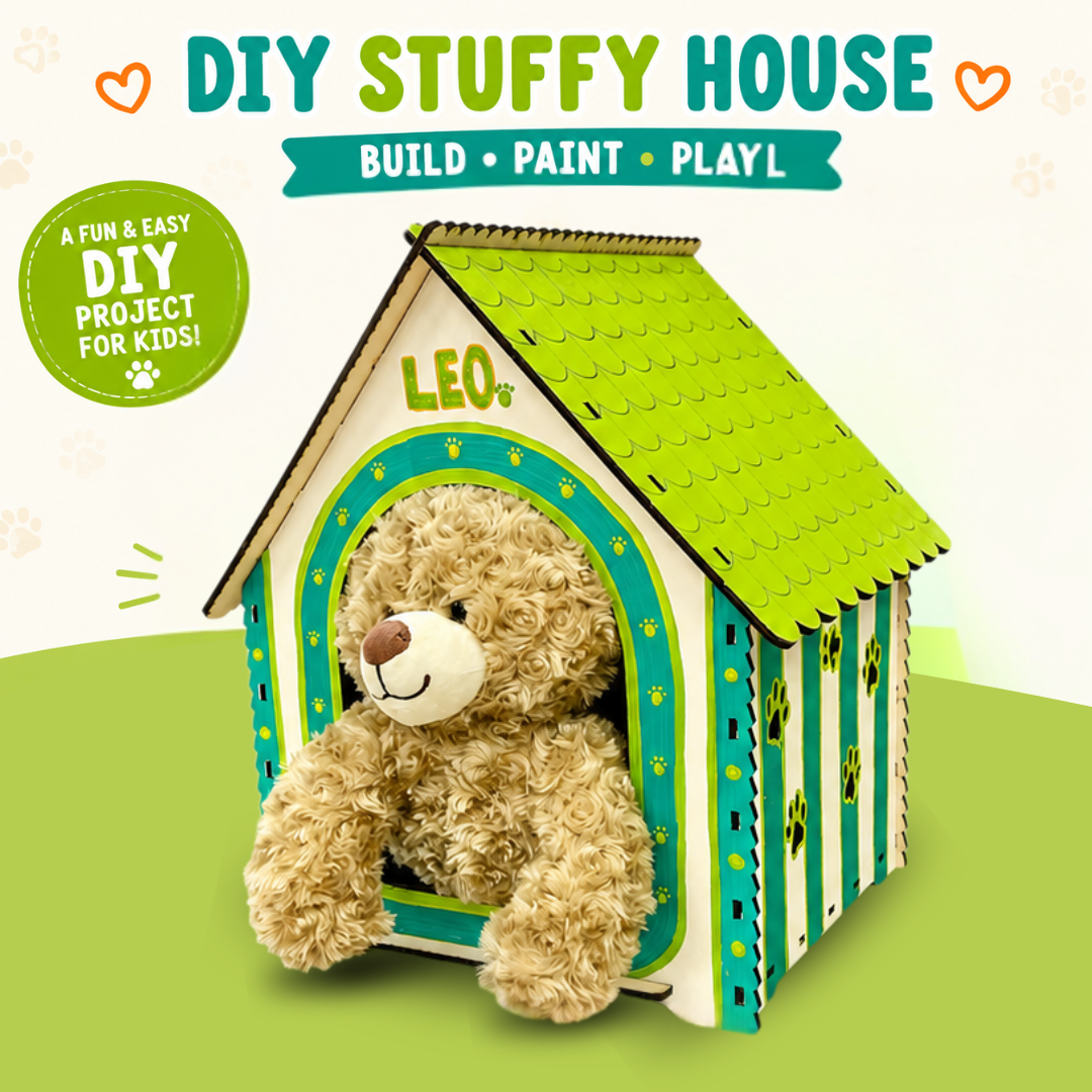 DIY stuffed house craft kit showing a completed cardboard doghouse-style house with a teddy bear inside, plus large text reading 'DIY STUFFY HOUSE' and a badge that says 'A FUN & EASY DIY PROJECT FOR KIDS!'.