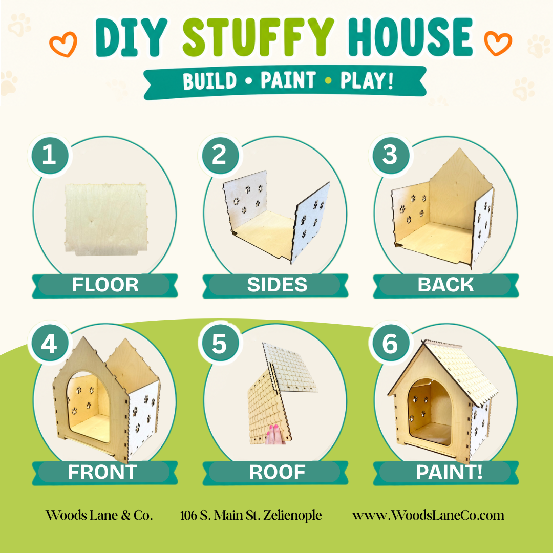 DIY Stuffy House craft kit instructions showing six steps: floor, sides, back, front, roof, and paint, on a light cream background with green accents and the brand name Woods Lane & Co.