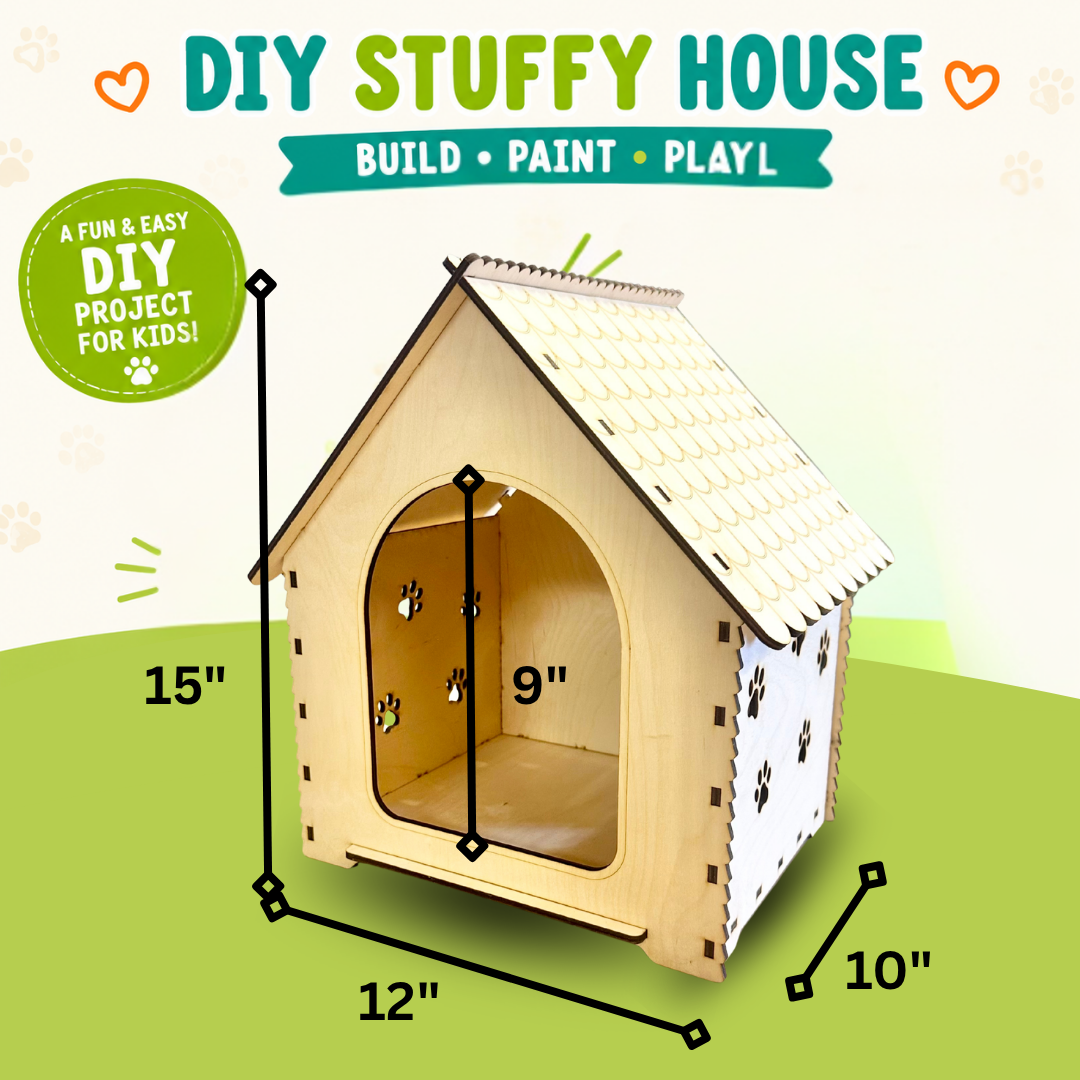 DIY wooden stuffy house kit with measurement labels showing 15 inches tall by 10 inches deep by 9 inches wide dimensions, on a green and white background with text reading 'DIY STUFFY HOUSE' and 'BUILD • PAINT • PLAY'.