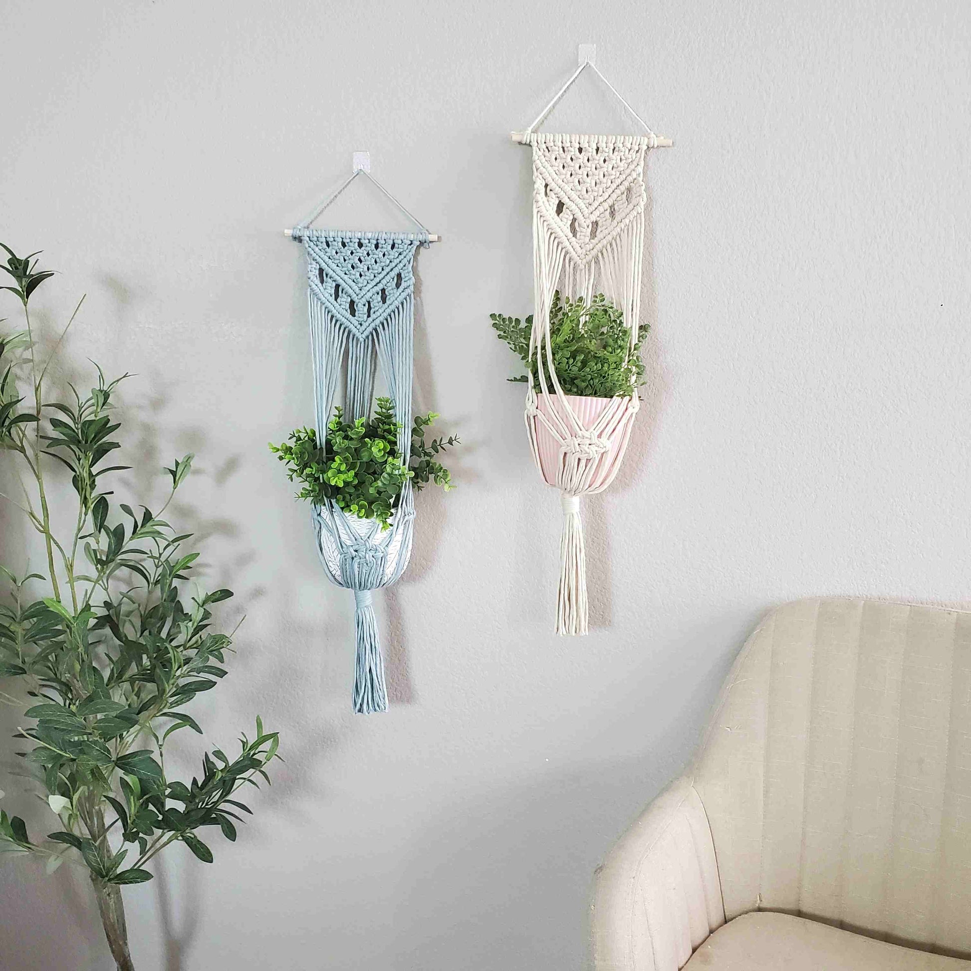 macrame plant hanger in living room Macrame wall plant hanger.: Natural – Woods Lane & Co