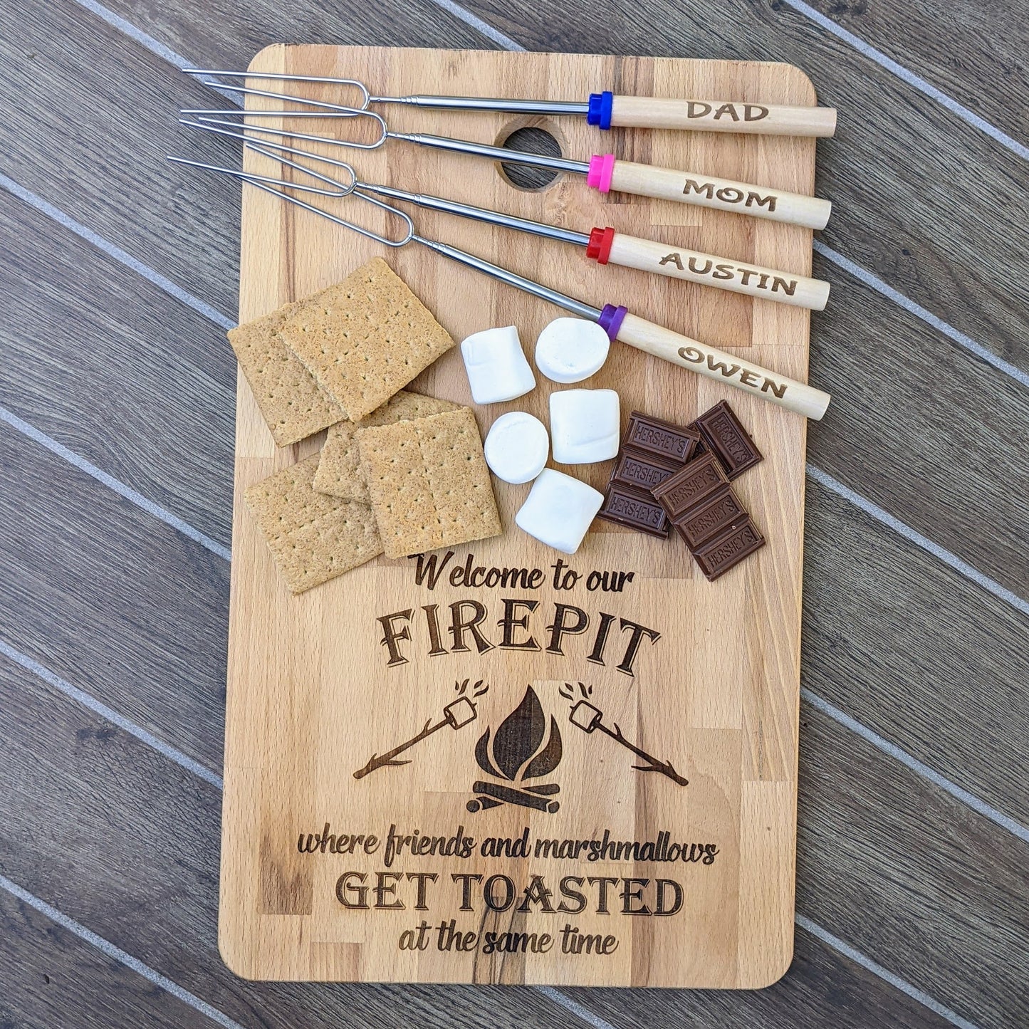 Welcome to Our Firepit Wood Cutting Board with 4 Personalized Skewers!
