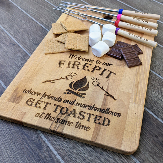 Welcome to Our Firepit Wood Cutting Board with 4 Personalized Skewers!