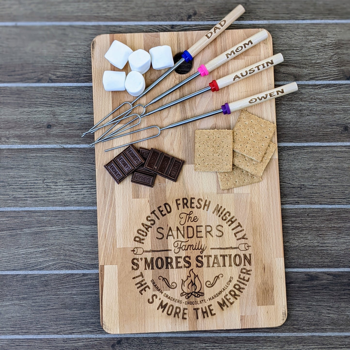 Roasted Fresh Nightly Personalized Wood Cutting Board with 4 Personalized Skewers!