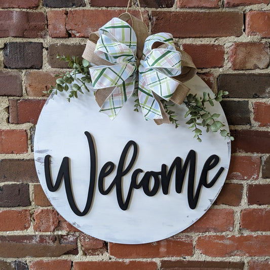 Welcome Door Hanger with Bow and greenery  (RTS)